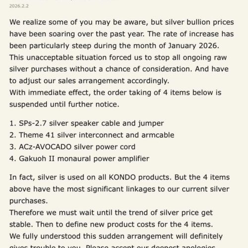 KONDO Audio Note Orders for some products suspended due to rising silver prices